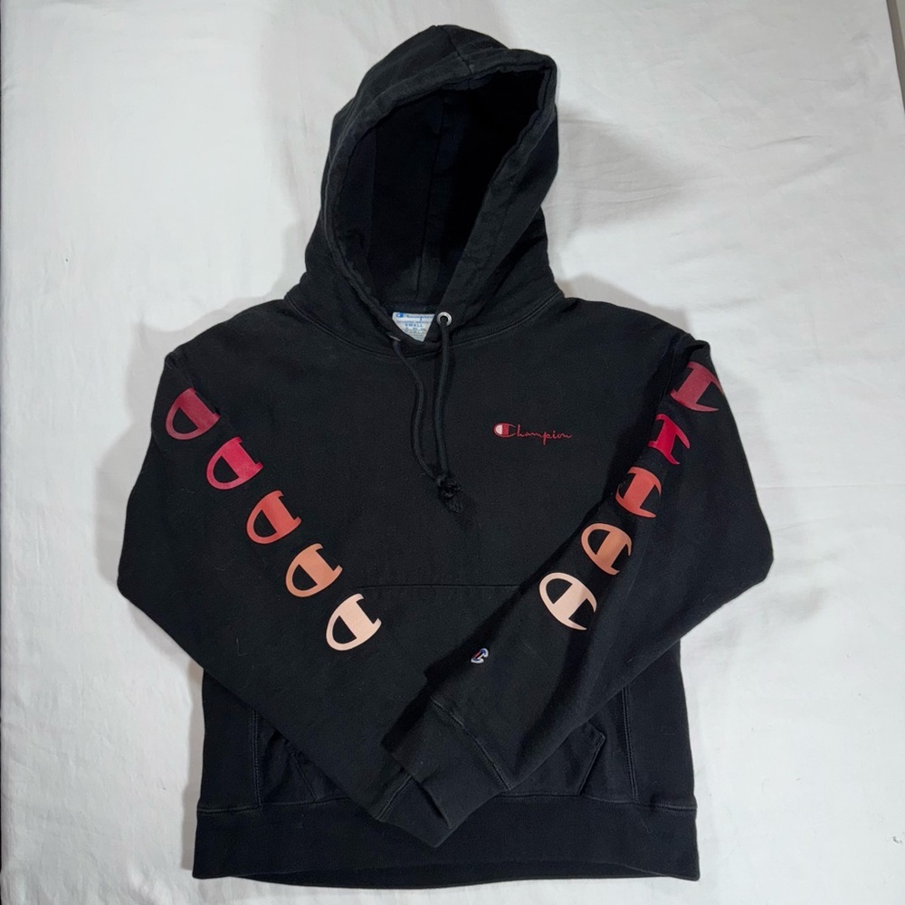 Champion Reverse Weave Black Red Hoodie Womens Small Fleece Pullover Athletic C